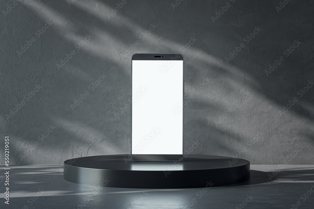 Poster Front view on blank white smartphone screen with place for your logo or text on dark glossy stand on abstract sunlit concrete background. 3D rendering, mock up