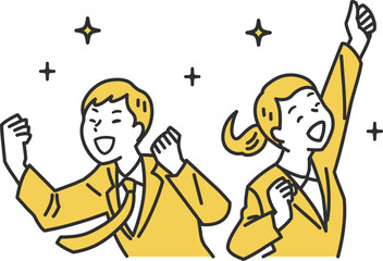 喜んでガッツポーズをする新社会人のシンプルタッチのイラスト素材