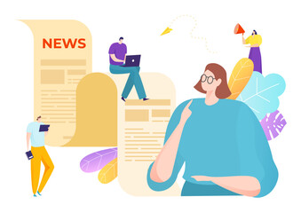Newspaper breaking news concept tiny character, read online broadcast headline flat vector illustration, isolated on white.