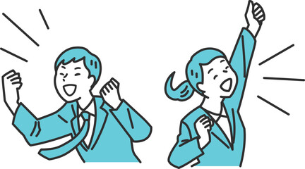 ガッツポーズをして応援するビジネス男女のシンプルタッチのイラスト素材