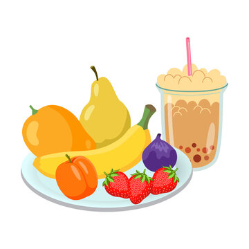 Plate with breakfast food cartoon illustration. Porridge with fruits, vegetable salad, fried eggs on white background