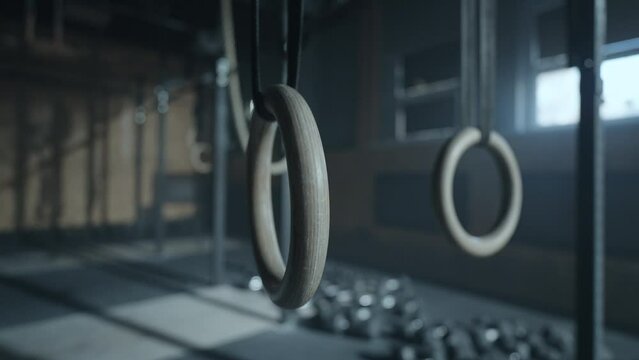 closeup view of gymnastic rings in old fitness club, equipment in gym for workout and training