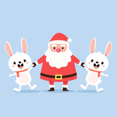 Merry Christmas and happy new year greeting card with cute Santa Claus, deer, gifts. Holiday cartoon character in winter season.