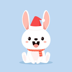 Rabbit in Christmas day. Cute Rabbit in Red Santa Claus hat. Vector illustration.