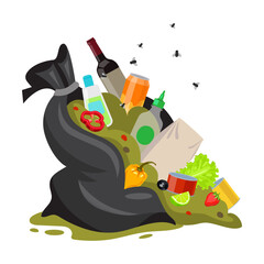 Open trash bag vector illustration. Black sack with food waste, open dirty garbage can or dumpster on white background