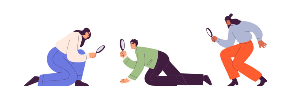 People searching, looking with magnifying glass, lens. Characters with loupes, magnifiers investigating, analyzing. Business research concept. Flat vector illustrations isolated on white background