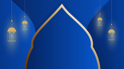 Ramadan Kareem greeting card. Cyan Golden lantern on the shelf with handwritten arabic calligraphy means Ramadan Kareem. Vector illustration in 3d realistic style for islamic muslim holidays