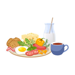Plate with dinner or breakfast cartoon illustration. Porridge with fruits, vegetable salad, fried eggs on white background