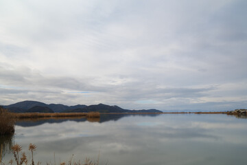 Cold midwinter overcast, large lake and reeds