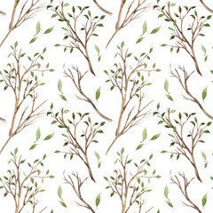 Watercolor seamless pattern with twigs and green leaves. Hand drawn texture for design decoration. Spring theme