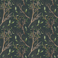 Watercolor seamless pattern with twigs and green leaves. Hand drawn texture for design decoration. Spring theme