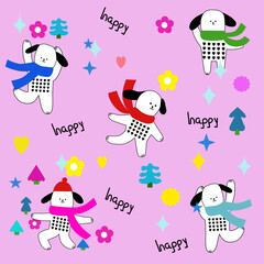happy new year dog have red, green, pink, blue, flower, Christmas tree, star