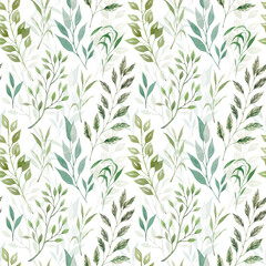 Fototapeta na wymiar Watercolor seamless pattern of green herbs and leaves. Ideal for designer decoration. Illustration of plants, greenery on a white background.