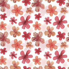 Fototapeta premium Watercolor seamless floral pattern on a white background. Romantic pattern, pink flowers with a stripe. Boho style, vintage. Designer print for decoration
