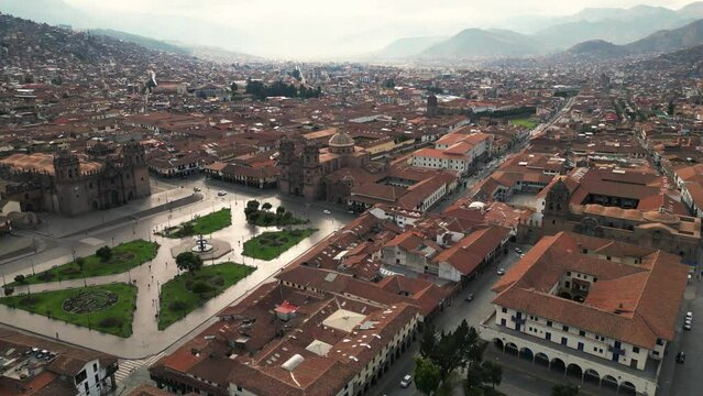 Cusco Peru Aerial Drone Above Town Historic Colonial Buildings Andean Mountains Plaza de Armas, UNESCO World Heritage Capital