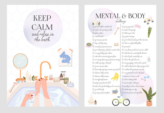 Self care, Body care, mental health inspiration posters. Mental and body chalange. Editable vector illustration
