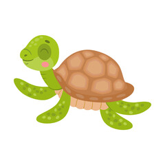 Obraz premium Funny young turtle, ocean or sea creature character vector illustration. Cute funny underwater animal for kids isolated on white