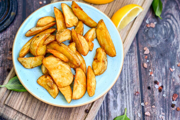  Home made Wedges spicy Potatoes and fresh  lemon on wooden background