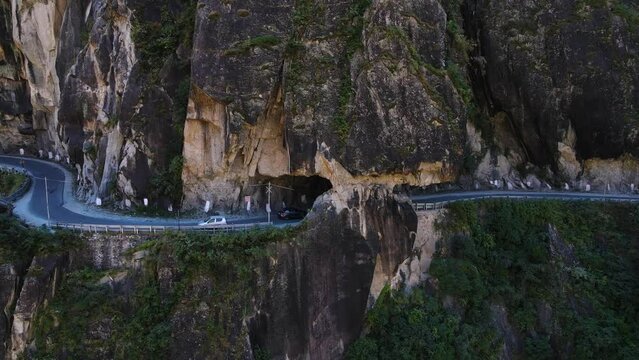 Aerial view of tranda dhank most dangerous road in India, located in the kinnaur and on the way to spiti valley in Himachal pradesh Himalayas