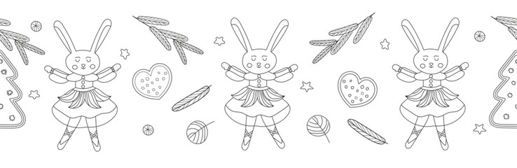 border Christmas sweets and girl rabbit on a white background