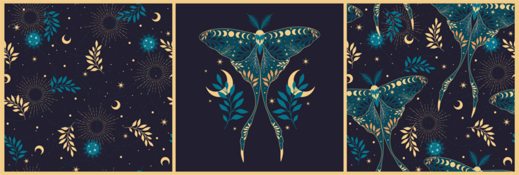 Set of seamless patterns with blue butterflies and constellations. Trendy texture for print, textile, packaging.