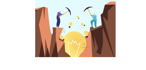 Businessman people teamwork together work hold pickaxe mining creative new idea flat vector illustration, concept light bulb.