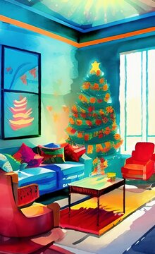 Merry Christmas living room cozy decoration. New year interior in warm bright colors. Christmas illustration. Digital watercolor and acrylic mixed painting art. Greeting or postcard design background