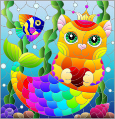 A stained glass illustration with a cute mermaid kitten, a cat on the background of the seabed and water
