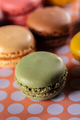 Close-up of macarons cakes of different colors .Culinary and cooking concept. Tasty colorful macaroons.