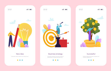 Business strategy concept, successful brainstorming new idea landing template website page, set poster banner flat vector illustration.