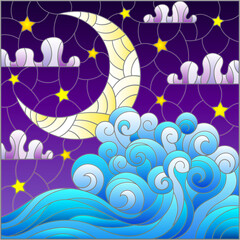 The illustration in stained glass style painting abstract landscape sea waves on the background of  sky and clouds with moon