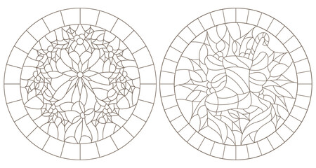 A set of contour illustrations in the style of stained glass with Christmas wreaths and socks , dark contours on a white background