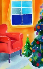 Merry Christmas living room cozy decoration. New year interior in warm bright colors. Christmas illustration. Digital watercolor and acrylic mixed painting art. Greeting or postcard design background