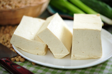 tofu and soy beans on kitchen table