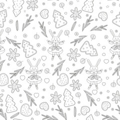 pattern with Christmas sweets and girl rabbit on a white background