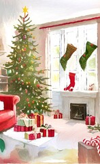 Merry Christmas living room cozy decoration. New year interior in warm bright colors. Christmas illustration. Digital watercolor and acrylic mixed painting art. Greeting or postcard design background