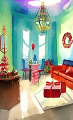Merry Christmas living room cozy decoration. New year interior in warm bright colors. Christmas illustration. Digital watercolor and acrylic mixed painting art. Greeting or postcard design background