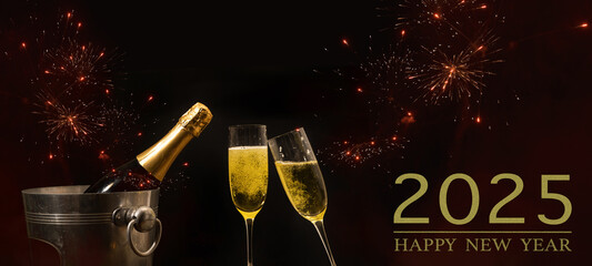 HAPPY NEW YEAR 2025 celebration holiday greeting card background banner panorama - Champagne or sparkling wine bottles, bucket and toasting clink glasses, firework in the night