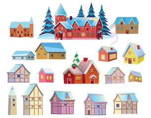 Naklejka premium Set of christmas houses in the snow.set of elements for christmas design. Roofs covered in snow, snowy Christmas trees and garlands. Vector cartoon style.