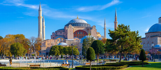 Panoramic view of Hagia Sophia Holy Grand Mosque and the Sultan Ahmet Park.A very strong visited tourist place.