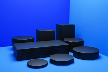 Modern blue 3d rendered stages podium with free copy space design
