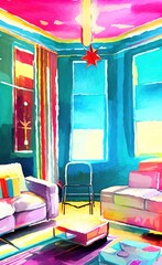 Merry Christmas living room cozy decoration. New year interior in warm bright colors. Christmas illustration. Digital watercolor and acrylic mixed painting art. Greeting or postcard design background
