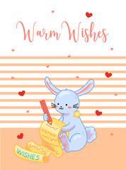 Winter cute postcard wishing happy holidays with cartoon rabbit writing wish list. Printable colorful poster, card for greeting Christmas, New year with baby animal and text.