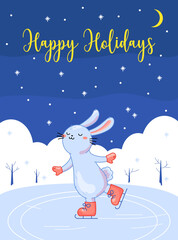 Fototapeta na wymiar Winter cute postcard wishing happy holidays with cartoon rabbit on ice skates and snowy landscape at night. Printable colorful poster, card for greeting Christmas, New year with baby animal and text.