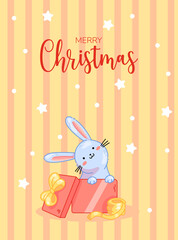 Winter cute postcard wishing happy holidays with cartoon rabbit inside gift box. Printable colorful poster, card for greeting Christmas, New year with baby animal and text.