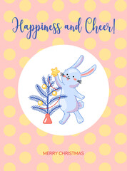 Winter cute postcard wishing happy holidays with cartoon rabbit decorating Christmas tree. Printable colorful poster, card for greeting Christmas, New year with baby animal and text.