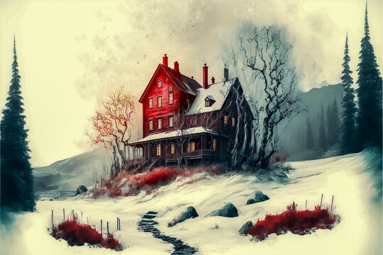 House in winter landscape illustration, Red house on hill