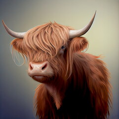Beautiful Scottish highland cattle portrait. AI generated photorealistic illustration. Not based on original images, characters or people - obrazy, fototapety, plakaty