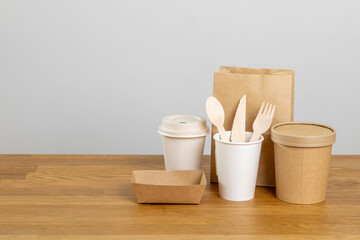 Eco friendly food packaging. Paper recycling zero waste natural products. A box of paper for food disposable catering of nature and recycling concept. Plastic free set on background.