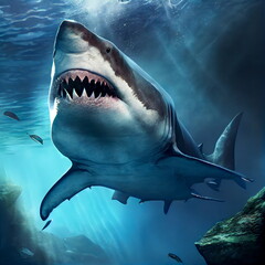 White shark underwater, photorealistic illustration generated by Ai